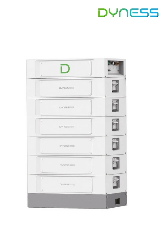 Abbildung Dyness Stack100 mit 30,72 Kilowattstunden Energieinhalt. Bestehend aus 6 Batteriemodulen, BDU und Sockel