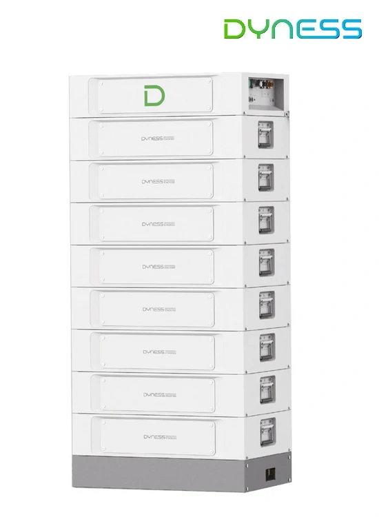 Abbildung Dyness Stack100 mit 40,96 Kilowattstunden Energieinhalt. Bestehend aus 8 Batteriemodulen, BDU und Sockel