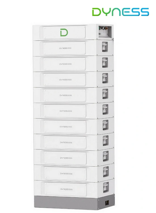 Abbildung Dyness Stack100 mit 51,2 Kilowattstunden Energieinhalt. Bestehend aus 10 Batteriemodulen, BDU und Sockel
